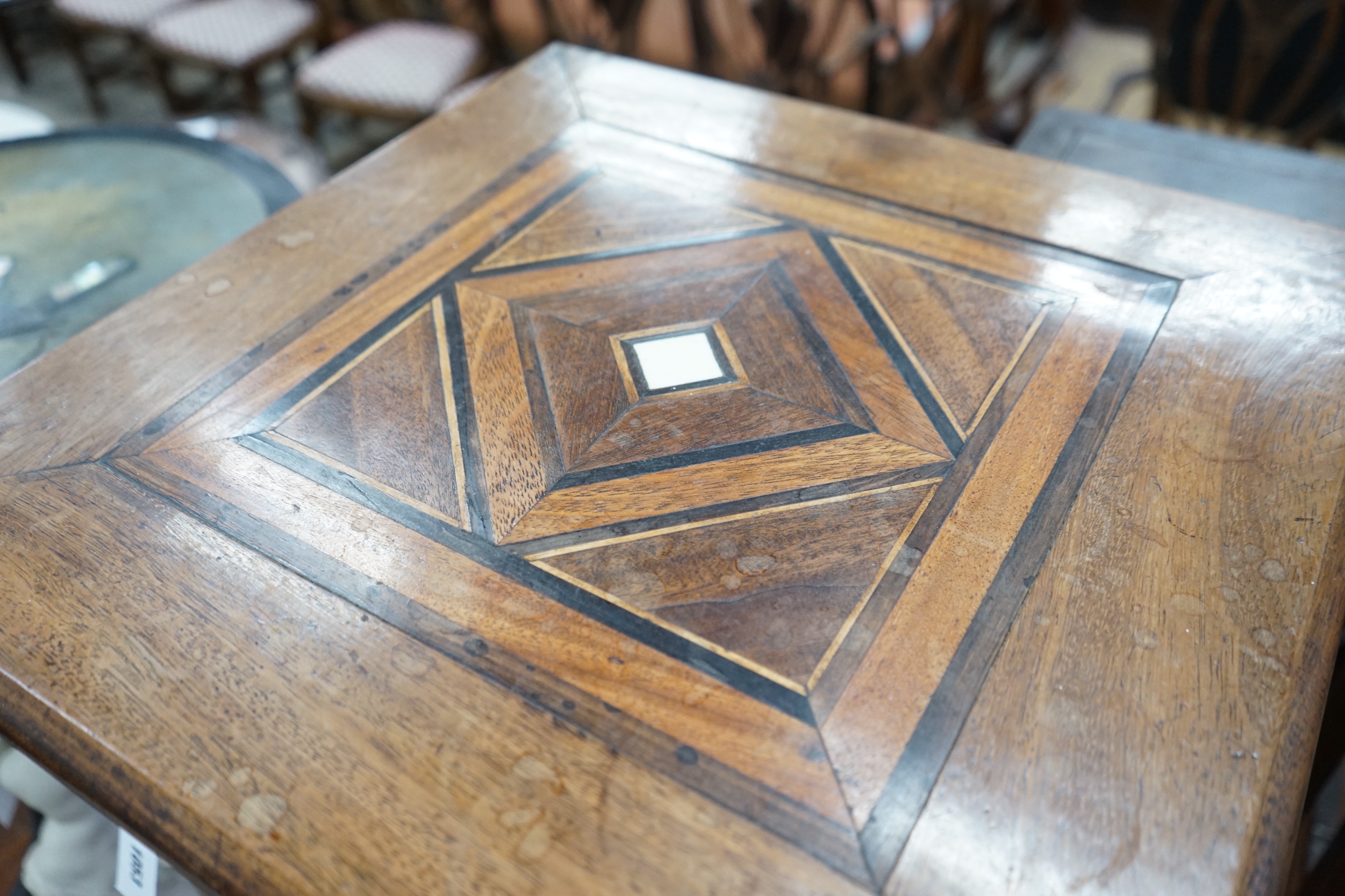 An early 20th century parquetry inlaid square occasional table and a Victorian and later painted tripod table, larger width 50cms height 72cms.